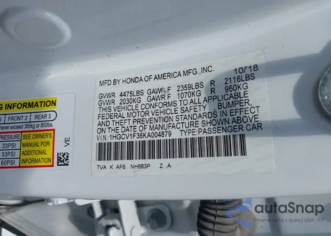 2019 Honda Accord Sport из США, поврежденный, VIN 1HGCV1F36KA004879